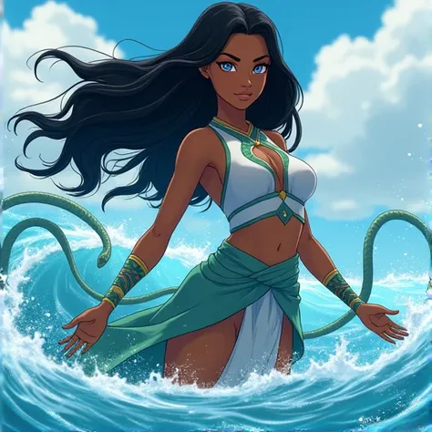 "A brown-skinned trans woman , with feminine aesthetics ,  delicate features and soft face ,  long, loose hair , designed in the style of The Legend of Korra . He dominates the water in a warrior pose ,  with traditional water bender clothing ,  that cover...