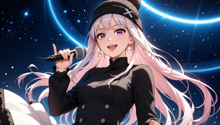 front pose, extreme close up, A cheerful anime girl with long, pastel pink hairs styled in twin tails, with small black beanie, and delicate cross earrings. braided white hair and intense violet eyes, singing with long braided white hairs, long braided whi...