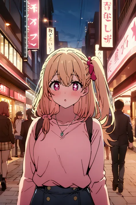 NSFW,masterpiece, top quality , high res, very detailed,Hoshino Ruby(My Favorite ),Star-shaped pupils, long hair, side ponytail,Blonde, casual clothes,Date,bustling street