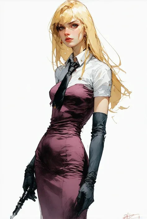 colored sketch drawing, (blonde hair), standing character drawing, slim with a thin waist, experienced special agent woman with wine-colored eyes, emo-style blonde hair with bangs and long at the nape, tight sleeveless blouse with elegant tie and tight win...