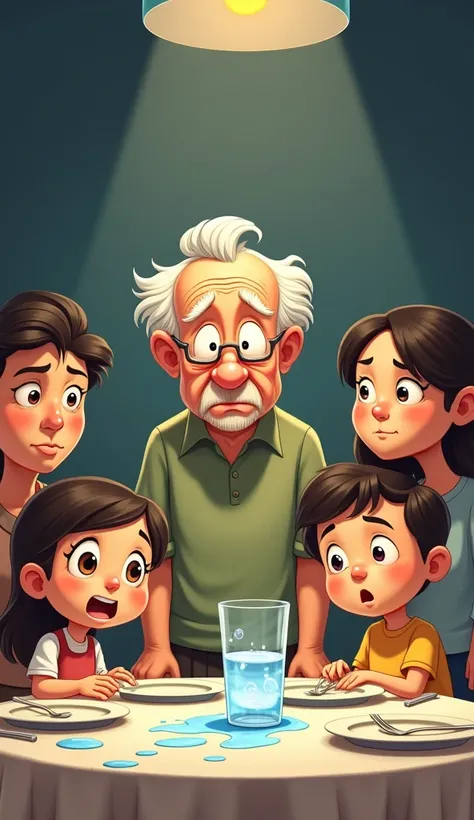 A spotlight shines on the oldest  during a family dinner, as they accidentally spill a glass of water. Younger siblings watch closely, with wide, curious eyes, while parents look disappointed, cartoon