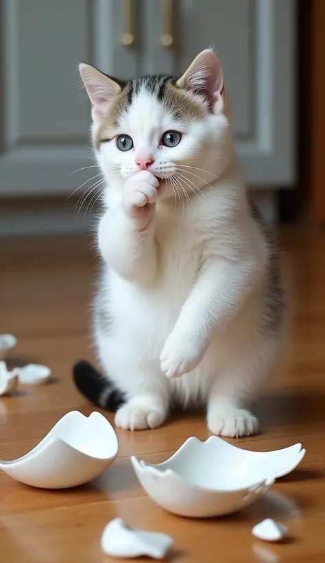  The picture shows a fat white kitten striped with zebra fur motifs , standing on a wooden floor .   The kitten appears to be making a silent code with one paw forming like a crawlers finger in front of its mouth.  Surrounding it are shards of dishes or bo...