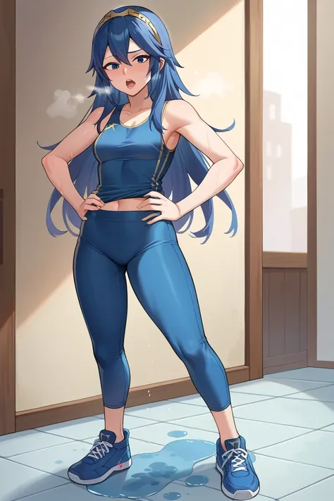 score_9, score_8_up, score_7_up, score_6_up, source_anime BREAK 1girl,  Lucina, dark blue tanktop, blue yoga pants, blue shoes, hands on hips, open mouth, out of breath, sweaty, sexy, exhuasted, steam coming out of her mouth, full body, puddle of sweat