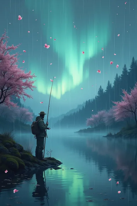 a man is fishing at a tranquil lake. sakura petals are flying around. it is raining, but the sky is filled with beautiful aurora. the lake has a clear reflection of the environment.