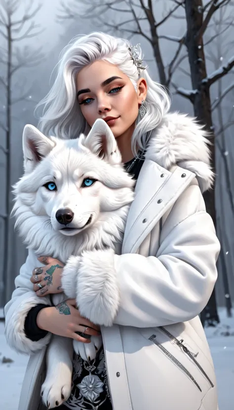 A digital painting of a girl with silver hair and tattoos, wearing a white furry coat, cuddling a white wolf.