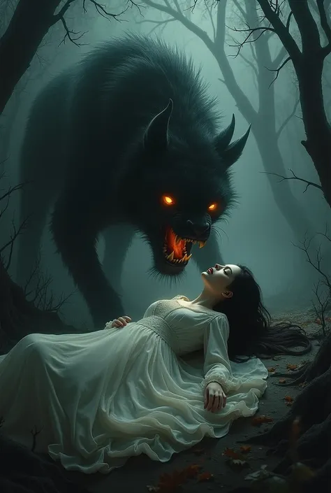 Draw me a most beautiful lost woman being passed out asleep being eaten by a beast with sharp teeth