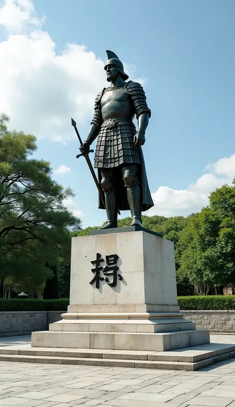 Image depicts a bronze statue of a warrior standing atop a rectangular stone pedestal. The statue is of a male figure wearing a helmet and armor, holding a sword in his right hand, with the blade pointing downward. The warriors stance is confident, with hi...