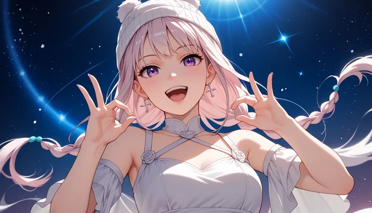 front pose, extreme close up, A cheerful anime girl with long, pastel pink hairs styled in twin tails, with small black beanie, and delicate cross earrings. braided white hair and intense violet eyes, singing with long braided white hairs, long braided whi...