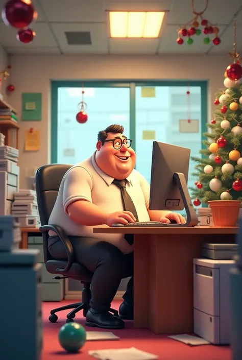 Animation of a chubby adult male ,  working with a computer in an office with lots of printers and Christmas ornaments in the background 