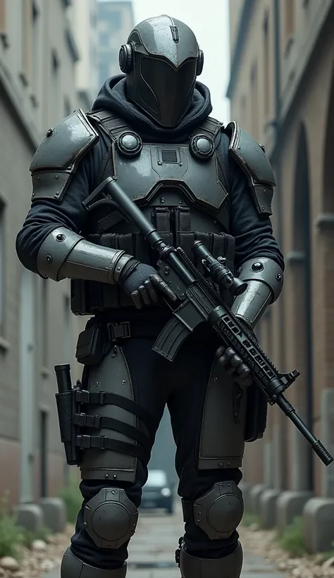 A soldier in grey and black tactical gear, with a helmet shaped like a knights armor, carrying a precision rifle.