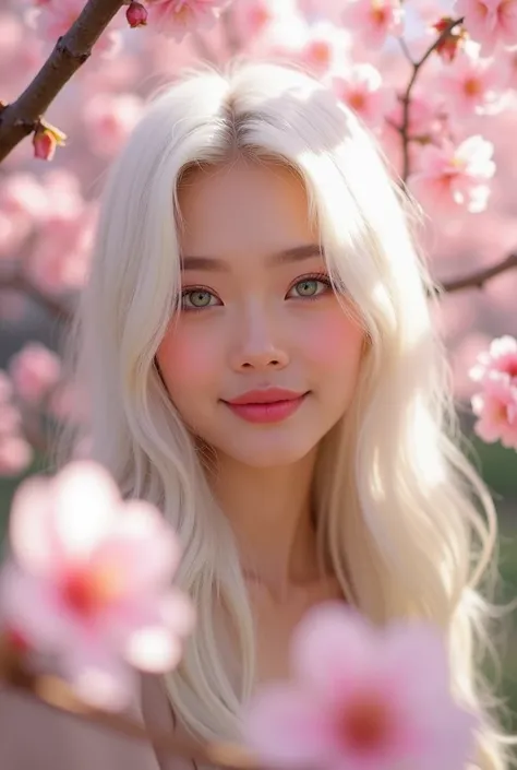 A beautiful Instagram model with white long hair and green eyes smiling softly in a selfie while standing among Kyotos cherry blossoms, their soft pink hues framing her perfectly.