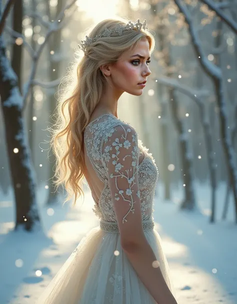 ultra realistic professional full body facing camera  (((, {ethereal blonde woman in delicate, frost-adorned floral dress elegantly positioned between snow-covered ancient forest trees}, magical winter woodland scene with supernatural winter atmosphere, Ar...