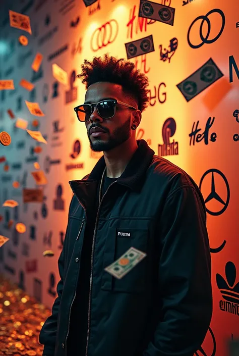 The Weeknd, sunglass, standing in front of a wall covered with logos from brands like Puma, Mercedes-Benz, and H&M. money and gold coins floating in the air