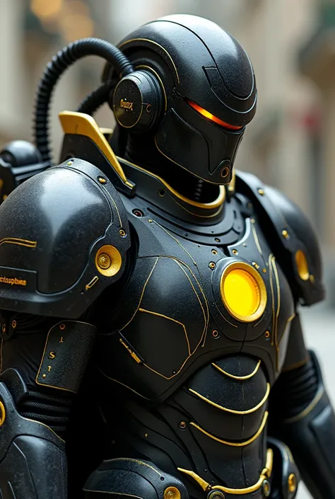 Close up photography of One creature detail black knight suit,mechanized future detail knight, cybernetics kaiju, pure black matte and yellow color scheme, super wide big sacred cyber blade, mech headgear. 