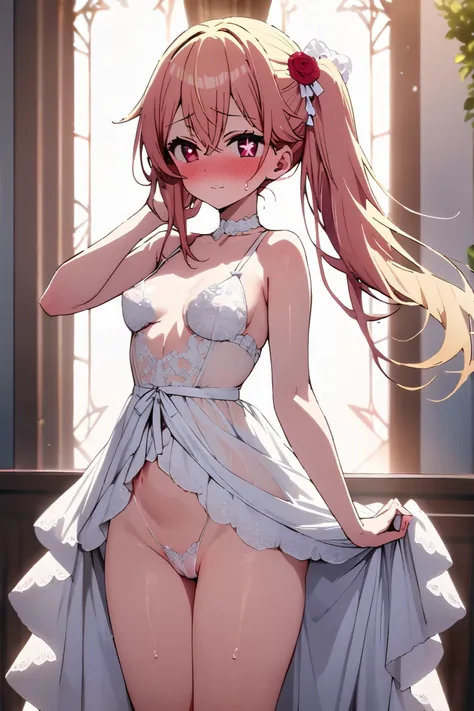 NSFW,masterpiece, top quality , high res, very detailed,Hoshino Ruby(My Favorite ),Star-shaped pupils, long hair, side ponytail,Blonde, Wedding Lingerie,blush