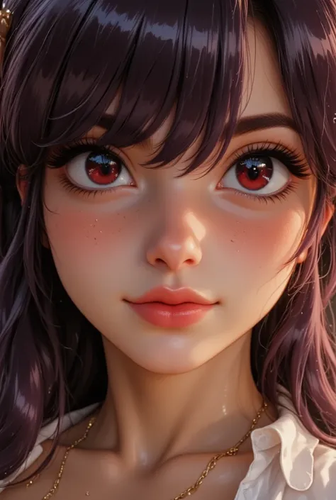   a beautiful woman with beautiful eyes :1.2,   detailed eyes  , (Ojos rojos) beautiful full lips  , (  lips painted in gold color  )  very  detailed eyes  and faces ,   long eyelashes are not attractive , (  long hair,   purple hair ,  Doble bollo, periph...