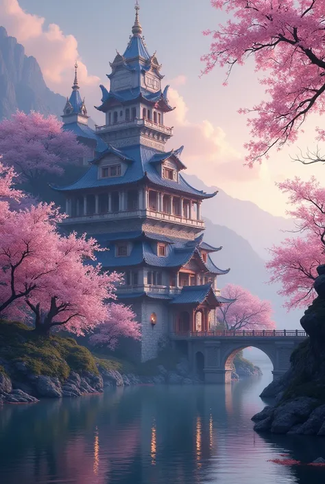  Draw me a magical palace of twilight , which looks like a tower with 7 floors .  Cherry blossoms grow around it and a lake with a bridge is located around it.  It should be very magical like out of a fantasy book  