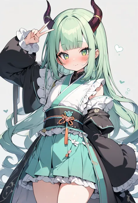 1girl, loli girl with Oriental-Dragon-horns, light green hair, very long twintail, very voluminous hair, (((blunt bangs))), gothic kimono,frilly wide sleeve,sash, v sign, blush, 
masterpiece,best quality,ultra detailed, very aesthetic, hyper small and clea...