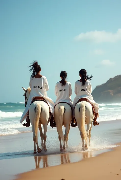 thee ethiopian  girls riding their own white horse and wearing their traditional white clothand the name "Helina, "Haset " and "Amen" stencilled on their clothing respectively and galopping along the buitiful beach.The ealder is Hilina  AND THE YOUNGEST IS...