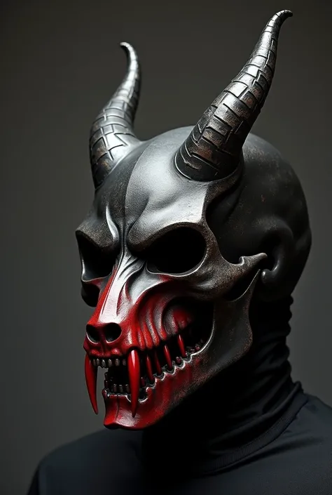 A mask: The top half was a pure black human skull, similar to the black masks, however, the lower jawbone was crafted from an animal. A wolf or a lion, perhaps. Striking metal crimson with long, sharp prominent fangs stretching up either side of the mouthp...