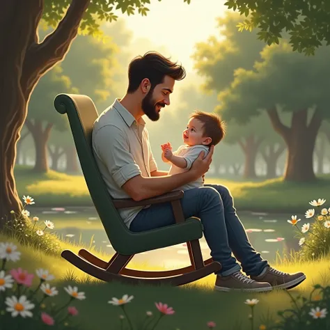 Realism and Romanticism style image of a man in normal clothes with a short beard and black hair who is in a park rocking his baby boy 