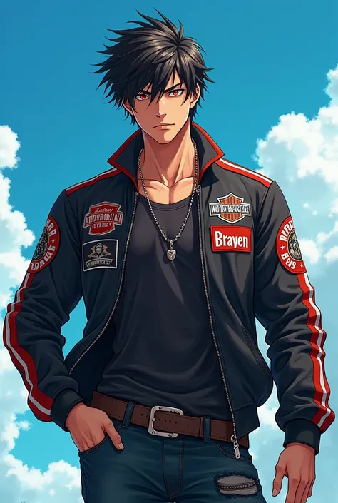 Make me a male anime character wearing a motorcycle gang-like jacket with Brayens name on it and his background sky blue