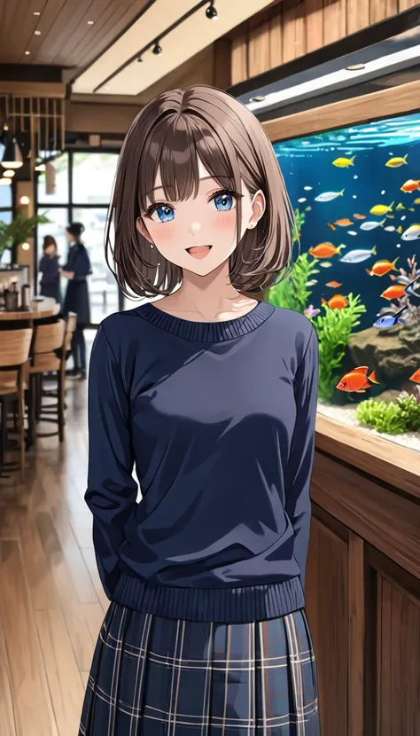 full body、 best quality, high image quality,masterpiece,  (arms behind back),  Casual , dark blue (( sweater )), One person,Adult beautiful woman、Complex pupil,  deep blue eyes, smile, open mouth, blush, ((small breasts)), medium hair, Brown Hair, Right-pa...