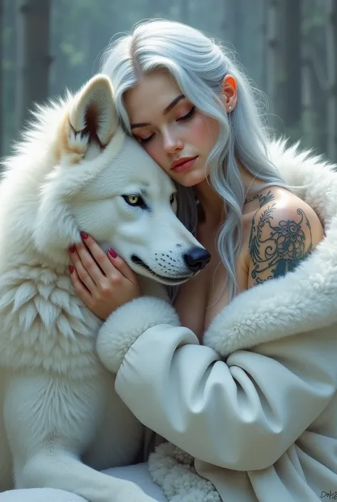 A digital painting of a girl with silver hair and tattoos, wearing a white furry coat, cuddling a white wolf.