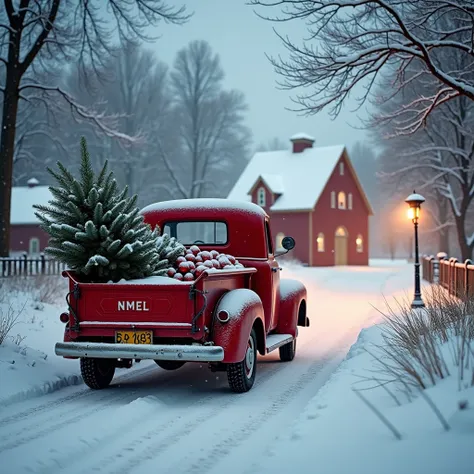 Plan rapproché d’une scène hivernale nostalgique et festive. Un vieux camion rouge, recouvert de neige, transporte un sapin de Noël décoré de boules rouges dans sa benne. La route est enneigée, et les flocons tombent doucement, créant une ambiance paisible...