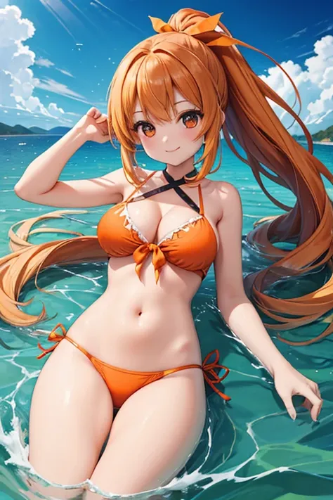 1 girl, best quality, masterpiece, ultra high res, cute, orange bikini with ribbon, (navel:1.2), midriff, bare stomach, gigantic breasts, long hair,  ponytail, floats on water, on back, smile, closed mouth,sea,