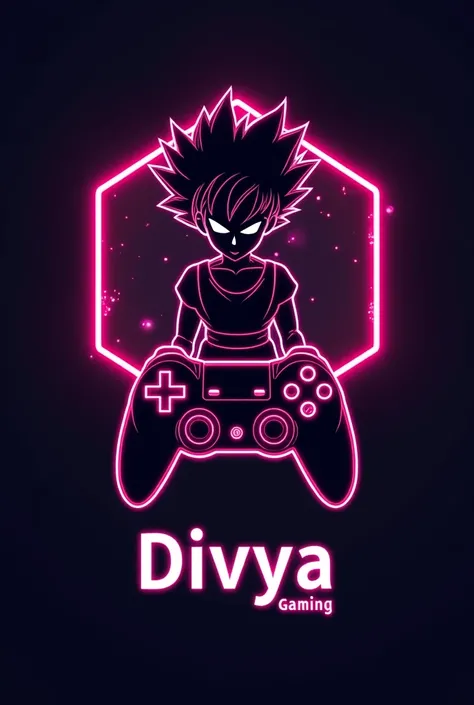 This is a gaming logo that features the name "Divya Gaming" in a futuristic font and a neon pink color. and girl Goku avtar, The logo also has a stylized controller icon. The logo is designed to be attractive and eye-catching, and to appeal to gaming enthu...