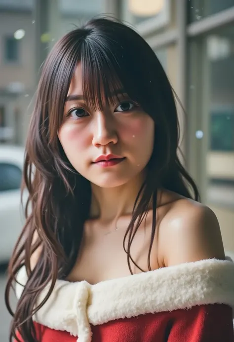     1 girl, Alone, 4K HDR,  realistic ,      super detailed  ,     natural light,     long hair wearing a Santa Claus costume   ,     sexy pose taken from the butt 、Snow falls in the dark    , Partly cloudy , ((photo realistic :1.4)),     asymmetrical wavy...