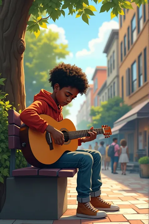 Tall dark-skinned boy, Writing songs with a guitar, sitting on a bench in a square