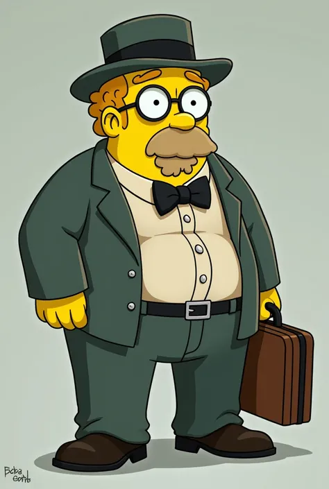  Simpsons style design green eyes man wearing a vintage-style outfit, including hat ,  wears round glasses ,  suit and bow tie ,  with an expression of fear or He has a goatee and holds a suitcase or briefcase .  The bottom seems to be a bit chubby  .  Thi...