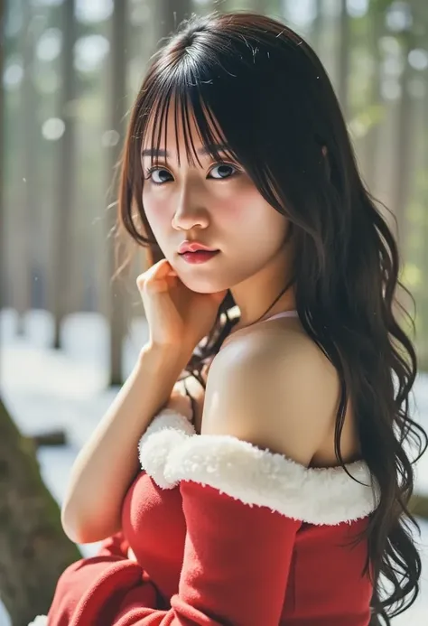     1 girl, Alone, 4K HDR,  realistic ,      super detailed  ,     natural light,     long hair wearing a Santa Claus costume   ,     sexy pose taken from the butt 、Snow falls in the dark    , Partly cloudy , ((photo realistic :1.4)),     asymmetrical wavy...