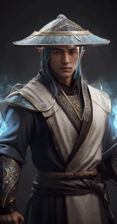 a close up of a man in a hat with a sword, portrait of a mage, closeup portrait of an mage, concept art of a monk, picture of a male cleric, flowing robes and leather armor, wearing mage robes, portrait of a male hydromancer, old male archmage, intricate r...