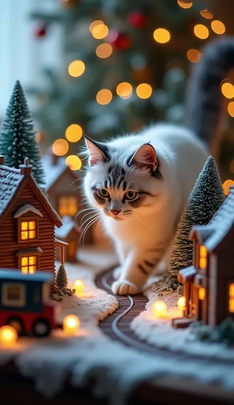 A whimsical scene of Snowflake wandering through a miniature Christmas village setup on a table. Tiny glowing houses, snow-dusted trees, and a toy train surround the curious cat as she investigates the tiny decorations.