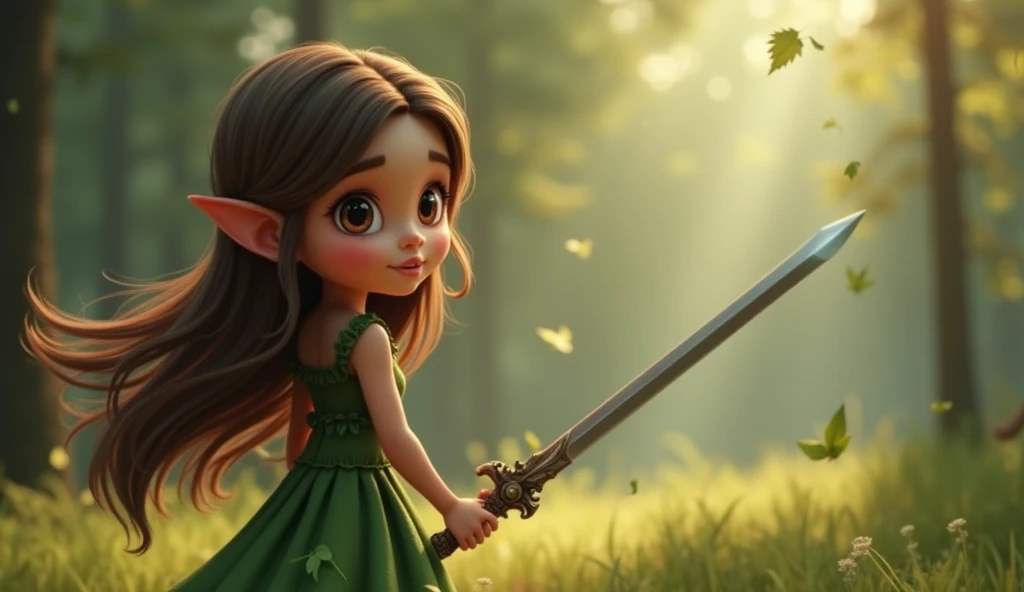 "Create an ultra HD 1080p, 3d render emotional scene of a charming girl looking forward, Big round boobs. Flowing brown fur. Big teary eyes. Wearing a green leaves dress. Stands alone with medium sword far way. Blurry forest wind blows with leaves in the b...