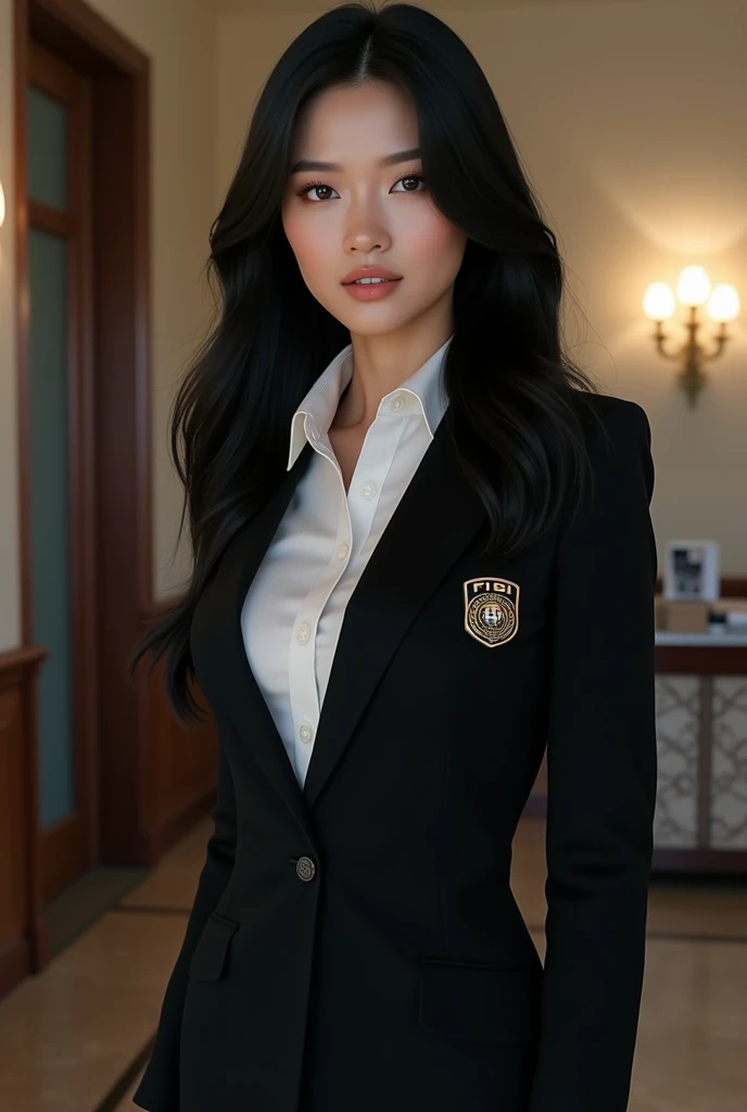 Female FBI Agent 　 Beautiful Asian Woman with Long Black Hair
Im wearing a black office suit。 Wears a Shirt 。The chest is not open　 Wears an FBI Batch on Her Coat 　Hi-Vision 8k 