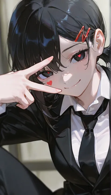 (masterpiece,  top quality ),     1 girl, Heart face mark   , v over eye    ,,   smile、    raise your hand, fingertip 、   Chainsaw Man  、 dongshan_Kobeni,  hair accessories, hair clip,  One Girl  ,  black hair,  short ponytail  , formal,  jacket,  white sh...