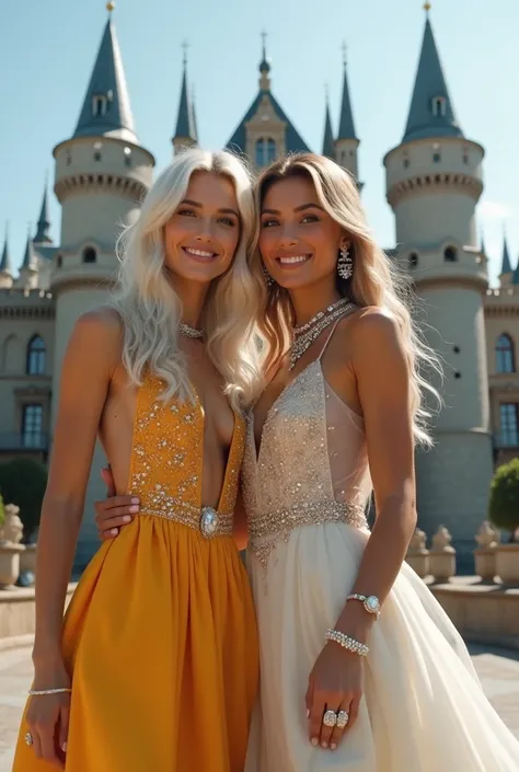 A beautiful Instagram model with white long hair and green eyes and her glamorous friend taking a selfie in front of a grand castle, both wearing flowing designer gowns and sparkling diamond jewelry.