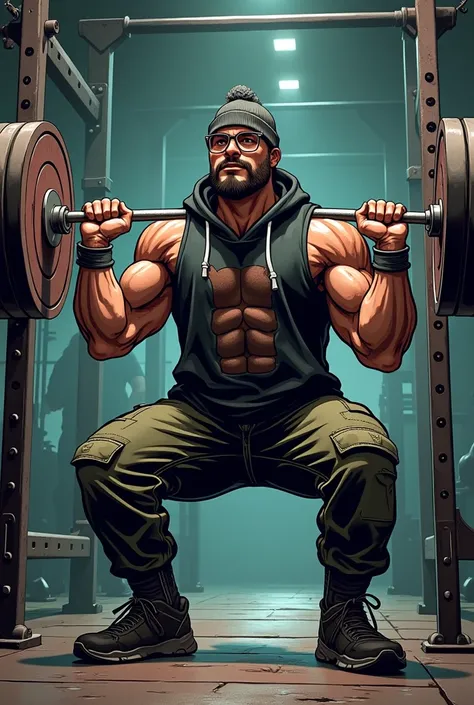  squat, squats, barbell,Gym, training event,Bearded,Glasses, skinhead,Beanie, hoodie, cargo pants, musculoskeletal々,American comic book style