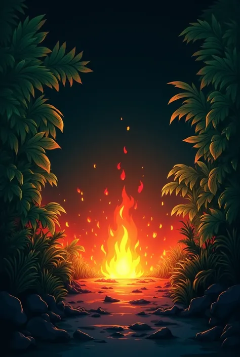 Illustration 2d simple Dégradé entre des plantes vertes foncées en haut et du feu orange avec fond noir