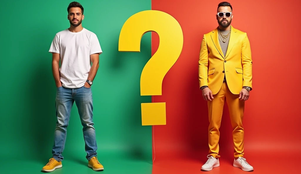 A split-screen image showing a young man, 30, wearing a plain white t-shirt and jeans on one side, and the same man wearing a flashy designer suit and gold accessories on the other. The background on the "simple" side is vibrant green, while the "flashy" s...