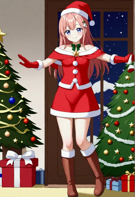  girl、smile、Children、 Santa Claus 、Santa hat、Red gloves、 Santa Dress 、 boots、 Christmas tree