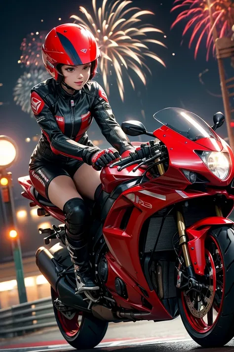 
solo woman , red dress, biker uniform , fluffy red helmet, racing moto gp bike , cute face ,charming & action pose, firework background ,at night , road lamp light reflection ,deam light, focus score ,white short hair