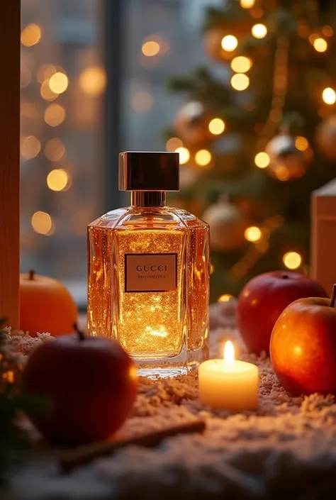  generate different images 1- Zoom outside ,  decorated shop windows ,  christmas trees , Soft light, light snow, without people,  focus on festive atmosphere .
 2- The camera glides smoothly along the display case ,  in the center of the Gucci perfume bot...