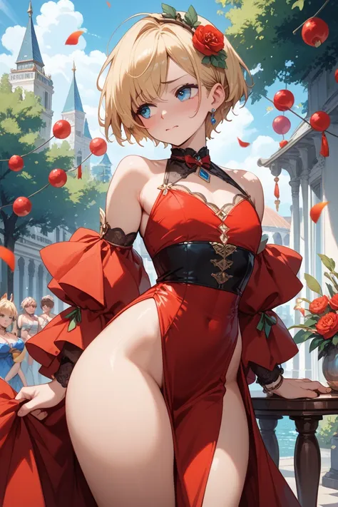 Create a 17-year-old femboy boy,  short blonde hair,  blue eyes, wears a completely red dress that reaches her knees and sticks to her body,  is embarrassed ,  very large thighs ,  small waist, He is standing,  in the background an elegant party , His hand...