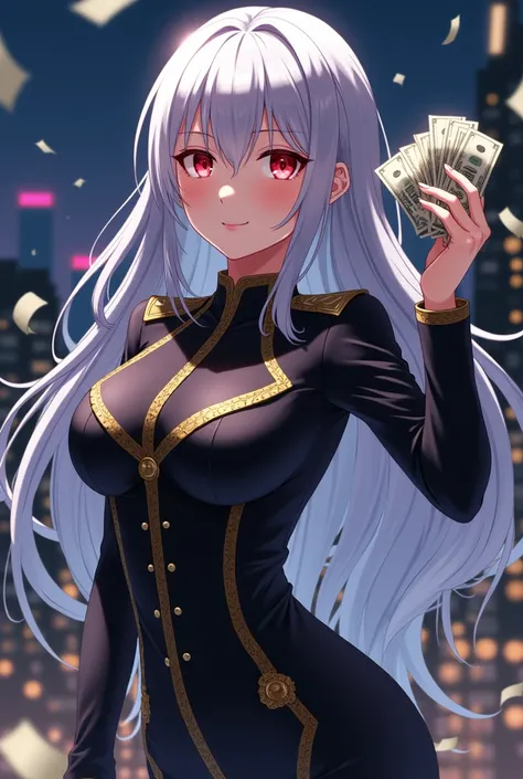  A woman with long, loose silver hair ,  with intense red eyes and an enigmatic smile .  She wears a black dress with gold details that resemble a CEOs uniform .  On the right hand ,  she holds a wad of money while banknotes fall dramatically around her.  ...