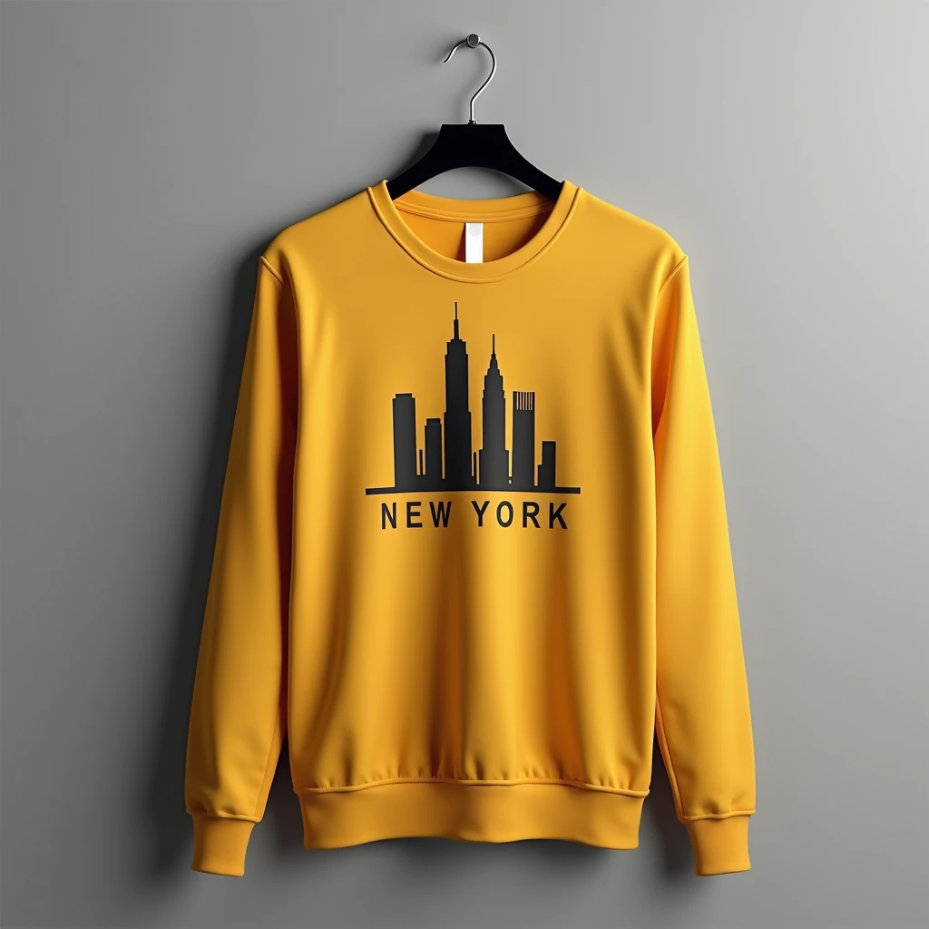 plain mustard color full sleeved button less round neck shirt on a black hanger with a minimal greyish aesthetic background. a logo printed on the center of the chest size a3. logo of new york buildings in 3D and a line under the logo all in honey brown co...